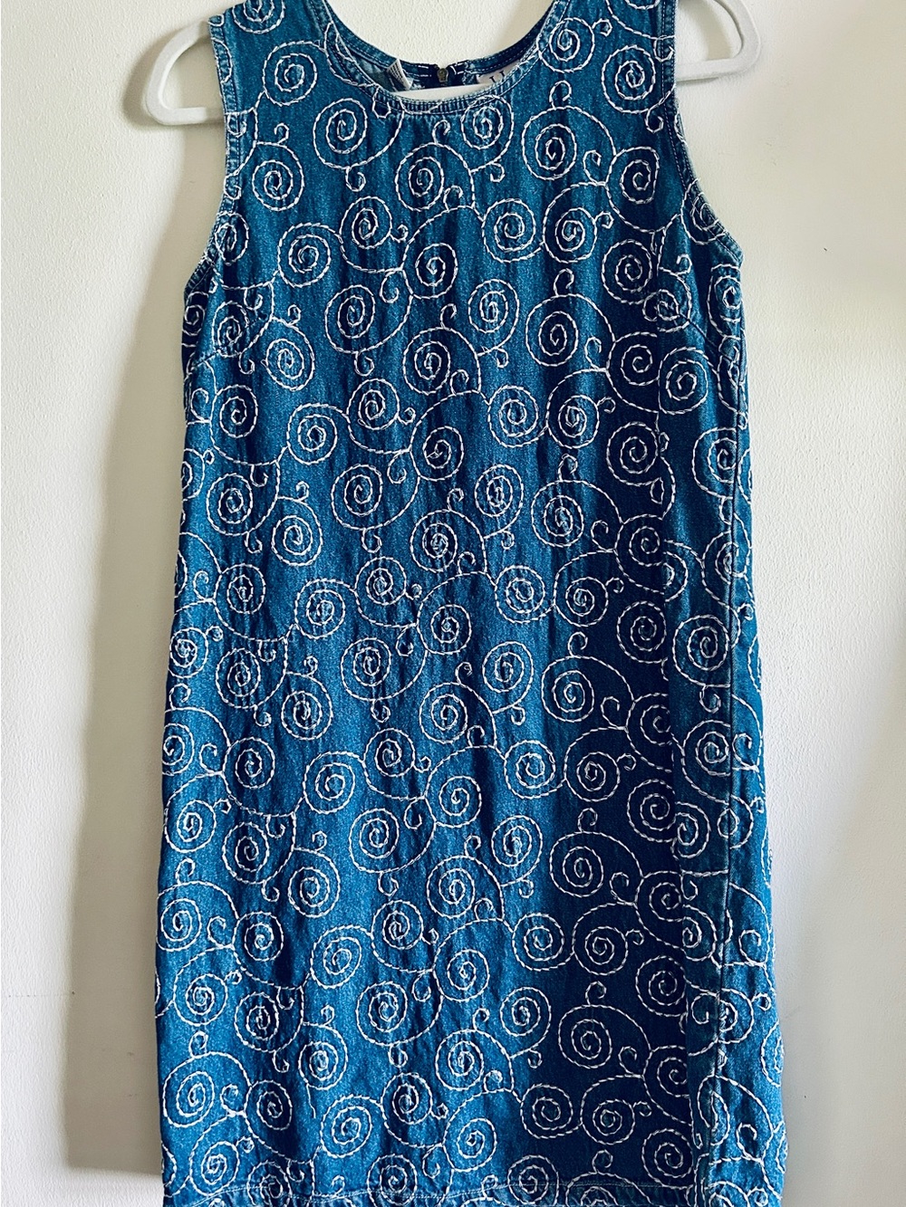 Vintage Y2K JL NY Sports brand denim dress with white embroidered swirls